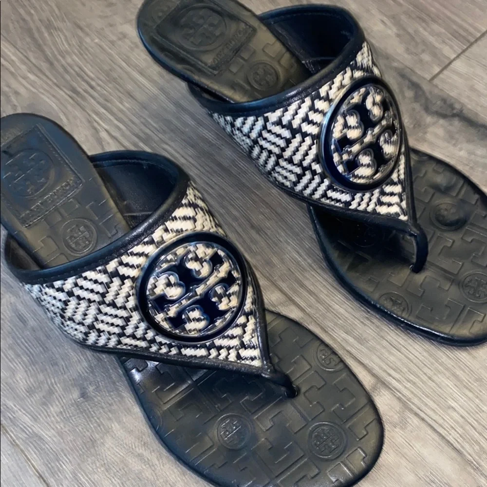 Tory Burch Black and White Woven Logo Thong Sandals